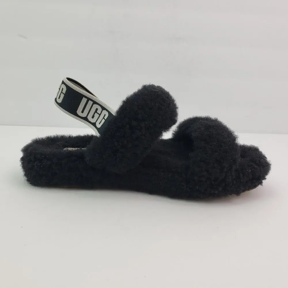 UGG Oh Yeah Girls Size 1Y Black Slip On Fluffy Soft Slipper Sandals 1115752K